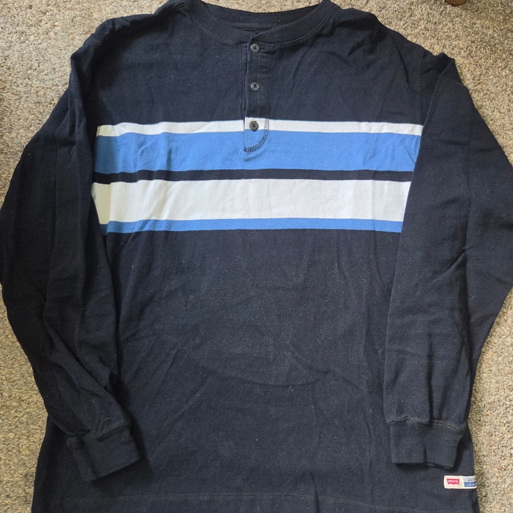 Levis Strauss Mens Long Sleeve Henley Shirt Black Blue White Striped Cotton XL